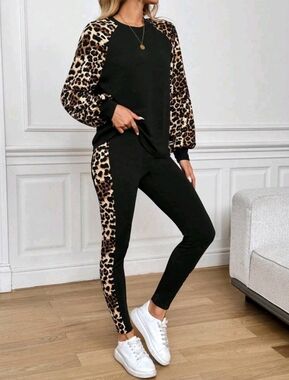 SHEIN Black Jogger Set with Leopard Print Panels